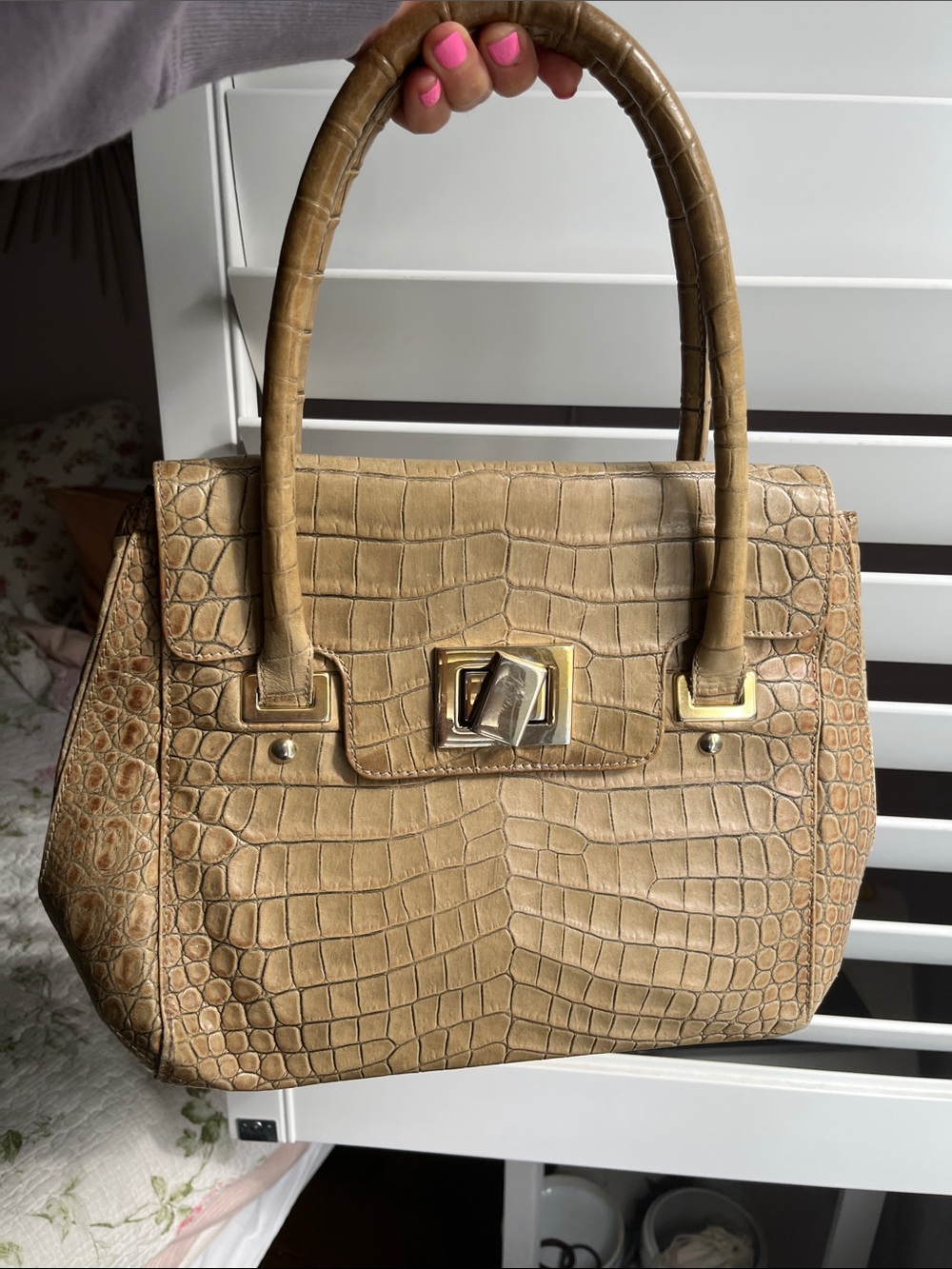 Tan Leather Croc-Embossed Structured Satchel Handbag Made in Italy 🇮🇹